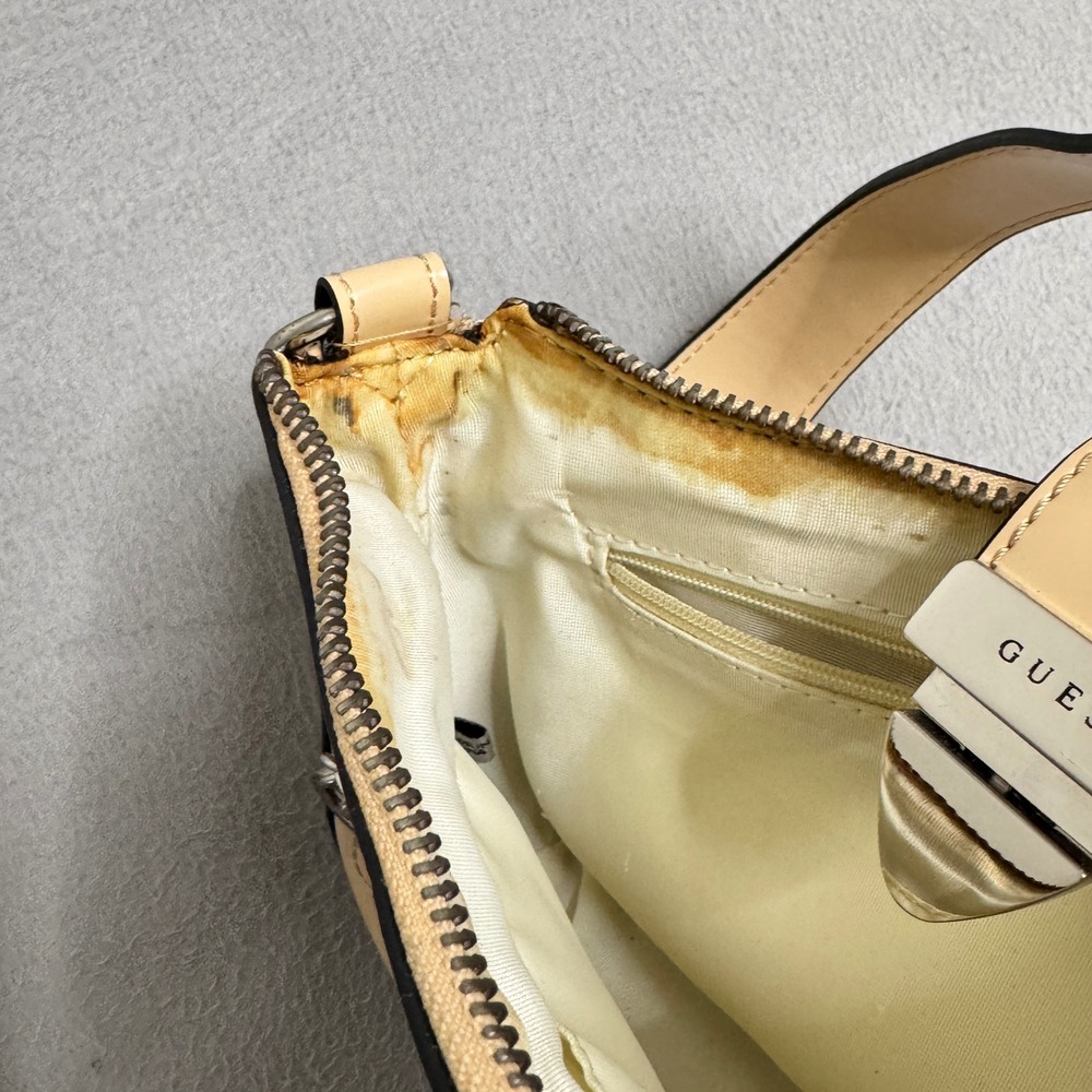 Guess Shoulder Bag Womens Tan Patent Faux Leather Y2K Baguette Small Pocket Mini - Picture 7 of 12